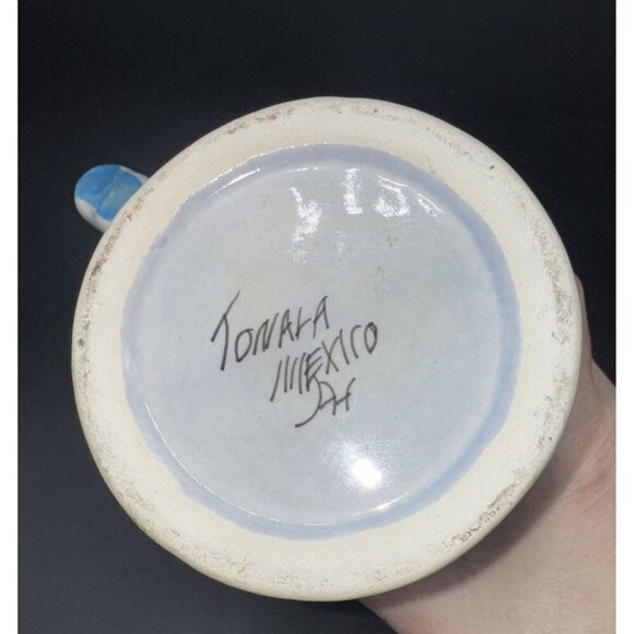 VTG Tonala Mexico Hand Painted Blue Bird & Flowers Pottery Mug Cup Stein 23oz - Picture 6 of 7